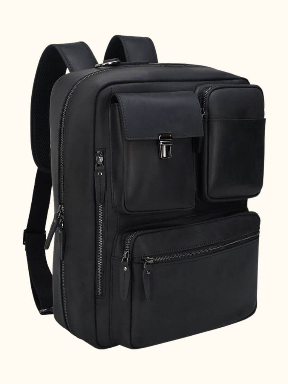 Tiding Black Men's Multi-Pocket Leather convertible Travel Briefcase